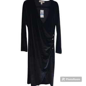 Michael Kors Black Velour Faux Wrap Midi Dress XL